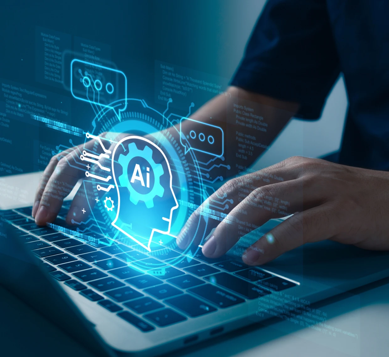 Hands typing with AI hologram display