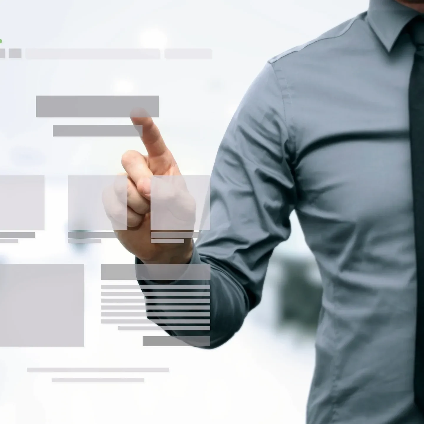 Businessman interacting with a digital interface, selecting options.