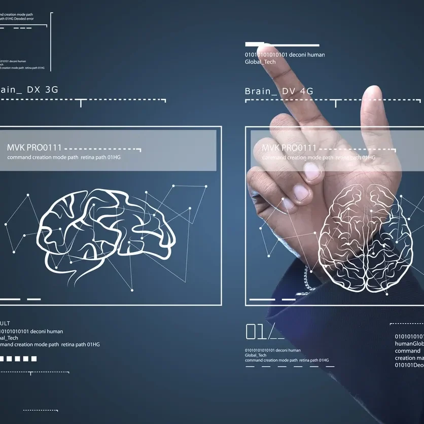 Hand interacting with futuristic digital brain interface holograms.