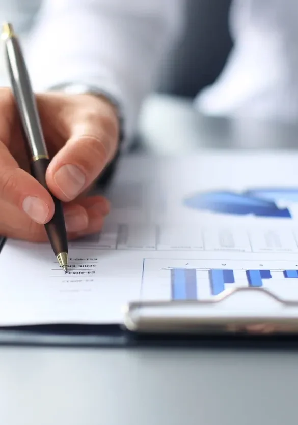 Person analyzing financial charts with a pen on clipboard.